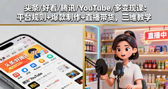 头条/好看/腾讯/YouTube/多变现课：平台规则+爆款制作+直播带货，三维教学-精品虚拟资源库