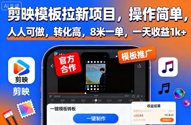 剪映模板拉新项目，操作简单，人人可做，转化高，8米一单，一天收益1k+-精品虚拟资源库