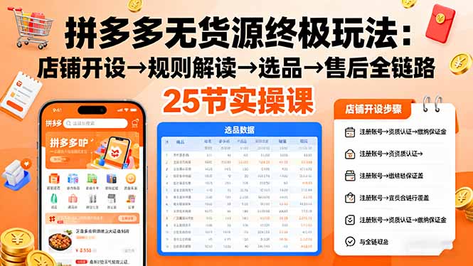 拼多多无货源终极玩法：店铺开设→规则解读→选品→售后全链路,25节实操课-精品虚拟资源库