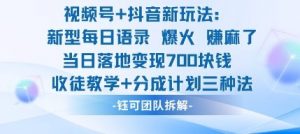 视频号加抖音新玩法：爆火新型每日语录，收徒教学加分成计划，三种变现玩法，当日变现7张-精品虚拟资源库