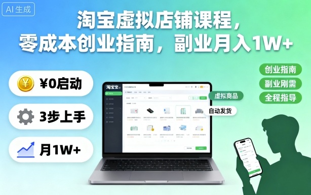 淘宝虚拟店铺课程,零成本创业指南,副业月入1W+-精品虚拟资源库