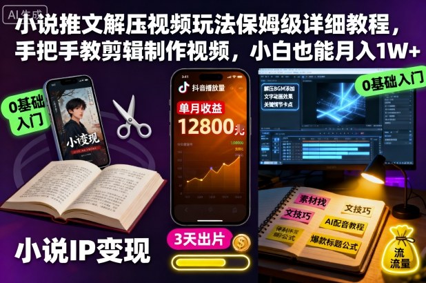 小说推文解压视频玩法保姆级详细教程,手把手教剪辑制作视频,小白也能月入1W+-精品虚拟资源库