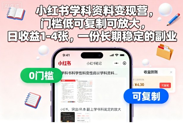 小红书学科资料变现营，门槛低可复制可放大，日收益1-4张，一份长期稳定的副业-精品虚拟资源库