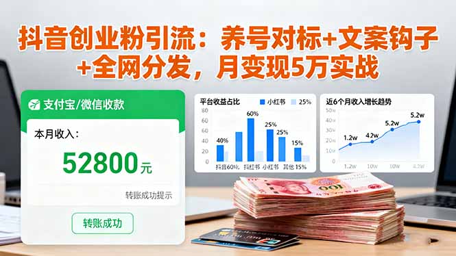 抖音创业粉引流：养号对标+文案钩子+全网分发，月变现5万实战-精品虚拟资源库