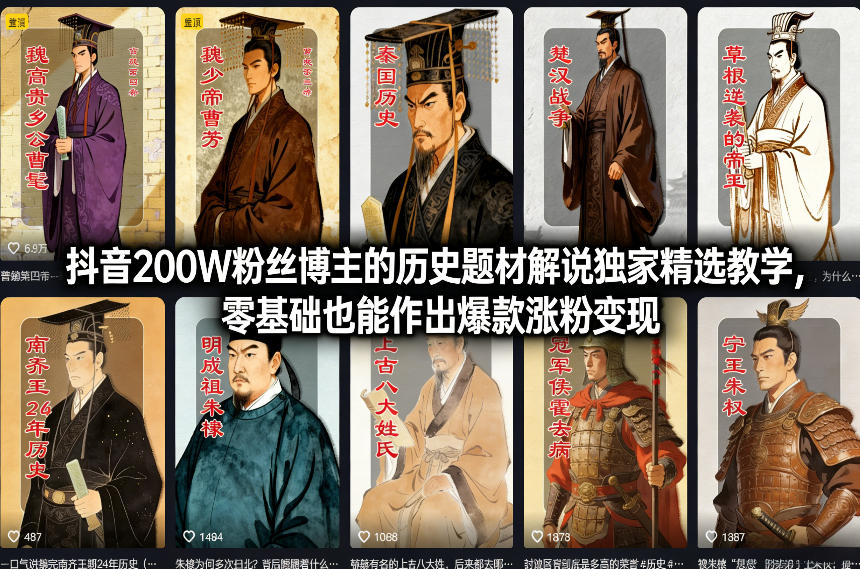 抖音200W粉丝博主的历史题材解说独家精选教学，零基础也能作出爆款涨粉变现-精品虚拟资源库