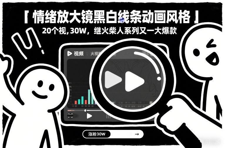 情绪放大镜黑白线条动画风格,20个视频,涨粉30W,继火柴人系列又一大爆款-精品虚拟资源库
