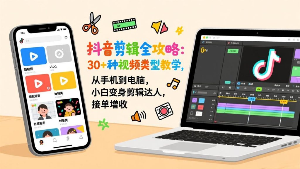 抖音剪辑全攻略：30+种视频类型教学，从手机到电脑，小白变身剪辑达人，接单增收-精品虚拟资源库