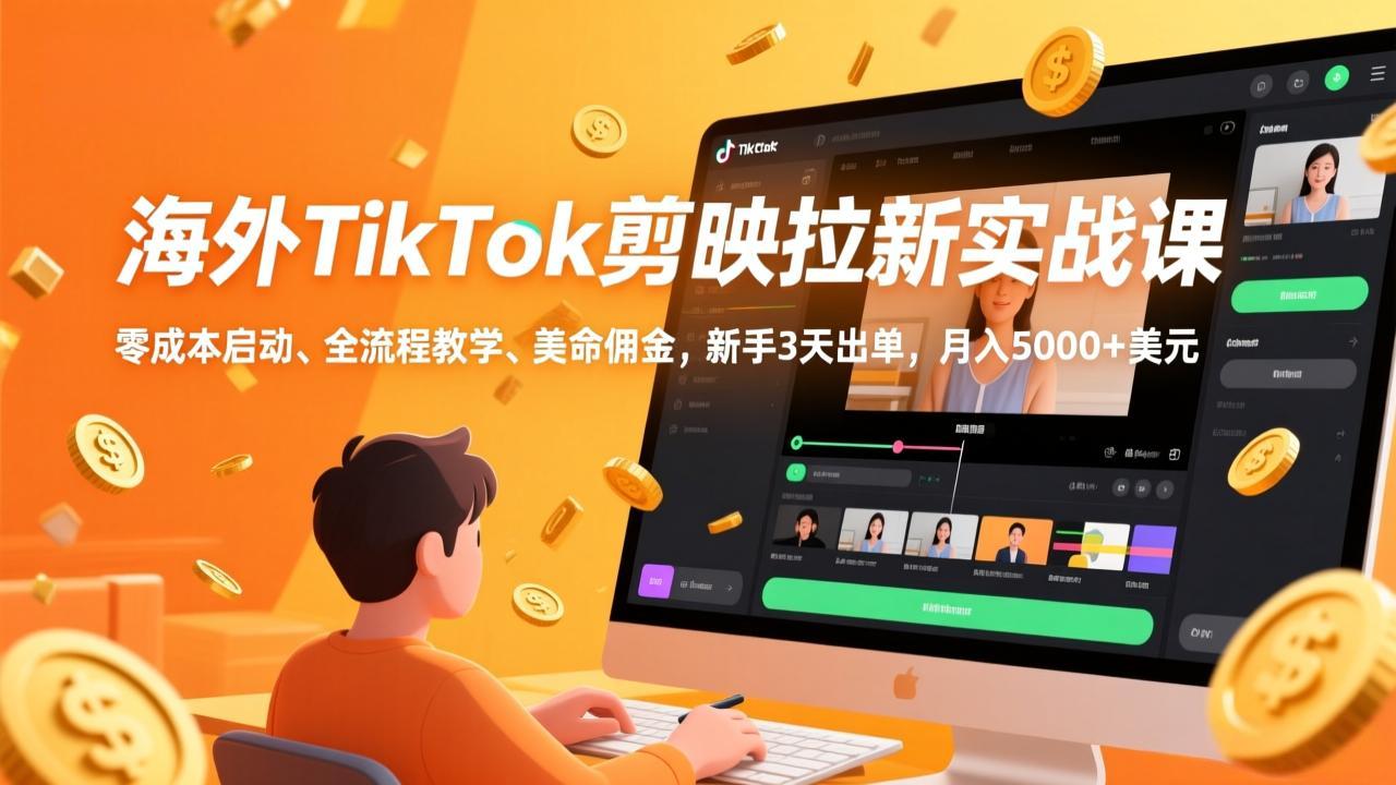 海外TikTok剪映拉新实战课，零成本启动、全流程教学、美金佣金，新手3天出单，月入5000+美元-精品虚拟资源库