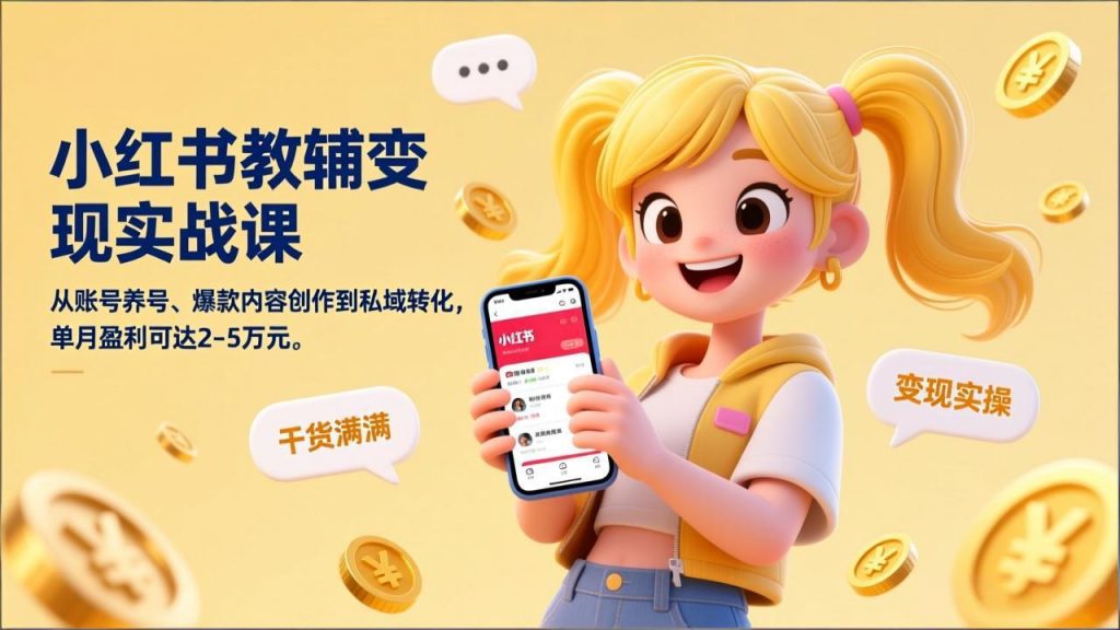 小红书教辅变现实战课，从账号养号、爆款内容创作到私域转化，单月盈利可达2-5万元-精品虚拟资源库