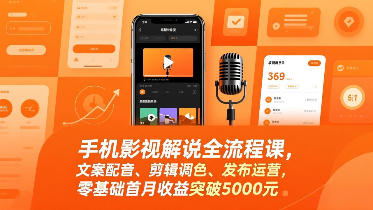 手机影视解说全流程课，文案配音、剪辑调色、发布运营，零基础首月收益突破5000元-精品虚拟资源库