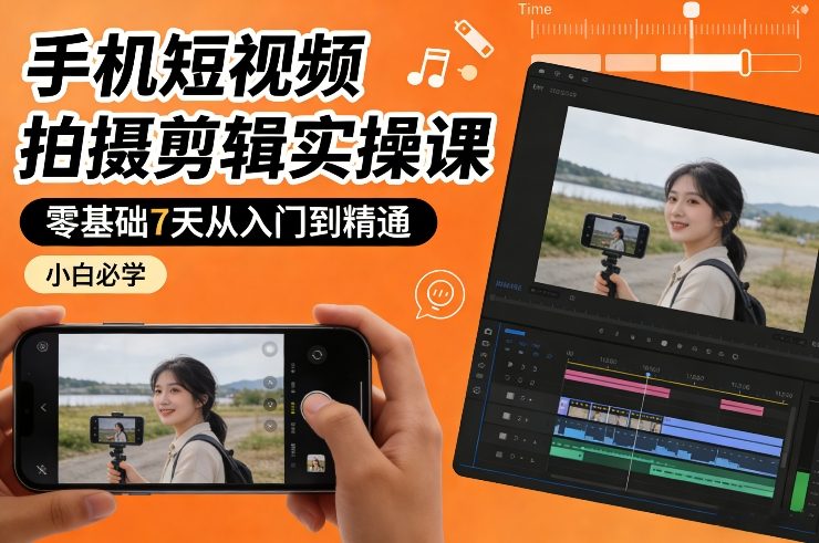 手机短视频拍摄剪辑实操课，零基础7天从入门到精通，小白必学-精品虚拟资源库