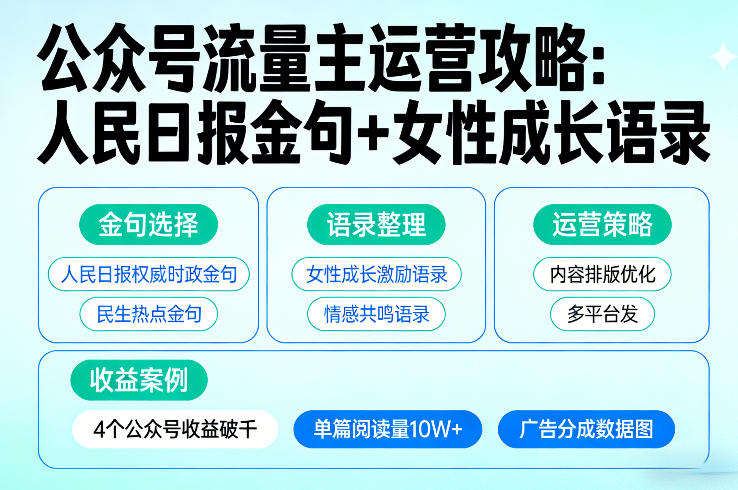 利用人民日报金句+女性成长语录做公众号流量主，4个公众号收益破千-精品虚拟资源库