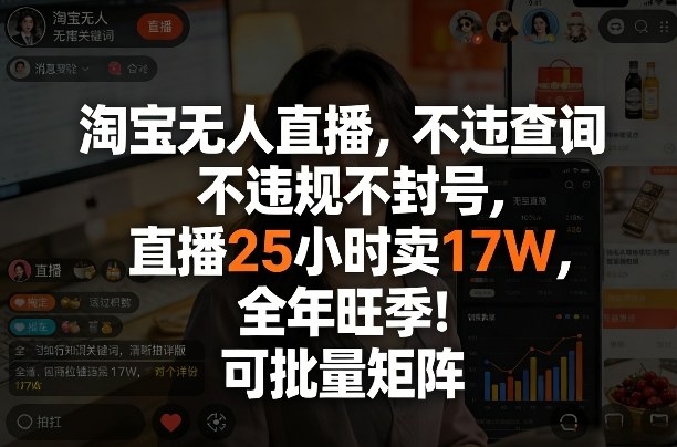淘宝无人直播，不违规不封号，直播25小时卖17W，全年旺季！可批量矩阵【揭秘】-精品虚拟资源库