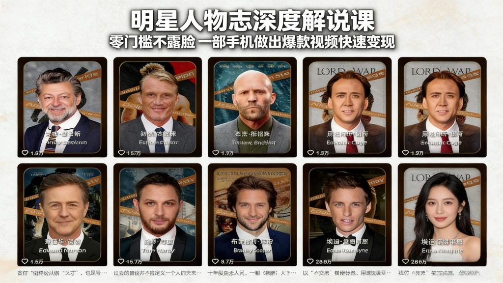 明星人物志深度解说课：零门槛不露脸，一部手机做出爆款视频快速变现-精品虚拟资源库