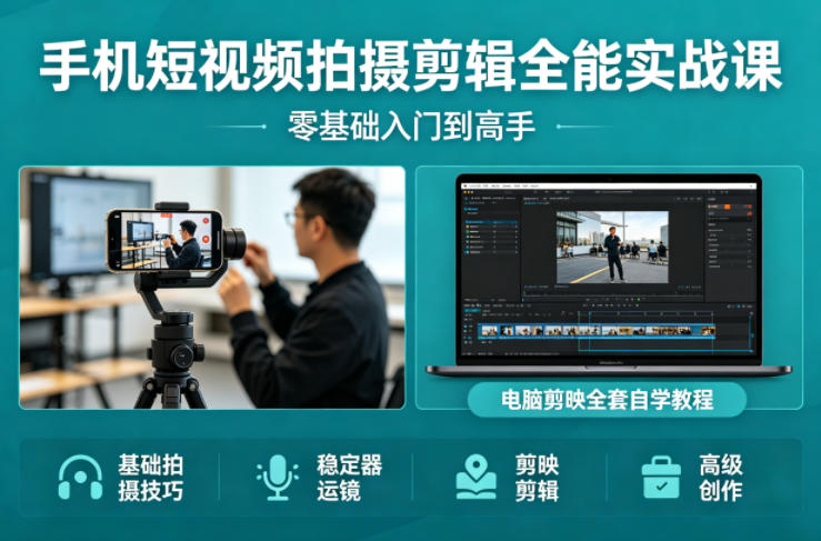手机短视频拍摄剪辑全能实战课：零基础入门到高手，稳定器运镜+电脑剪映全套自学教程-精品虚拟资源库