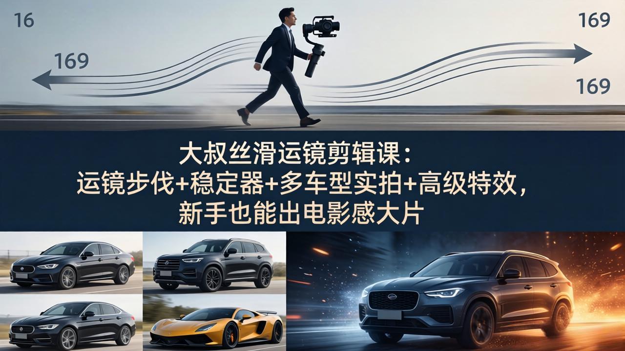 大叔丝滑运镜剪辑课：运镜步伐+稳定器+多车型实拍+高级特效，新手也能出电影感大片-精品虚拟资源库