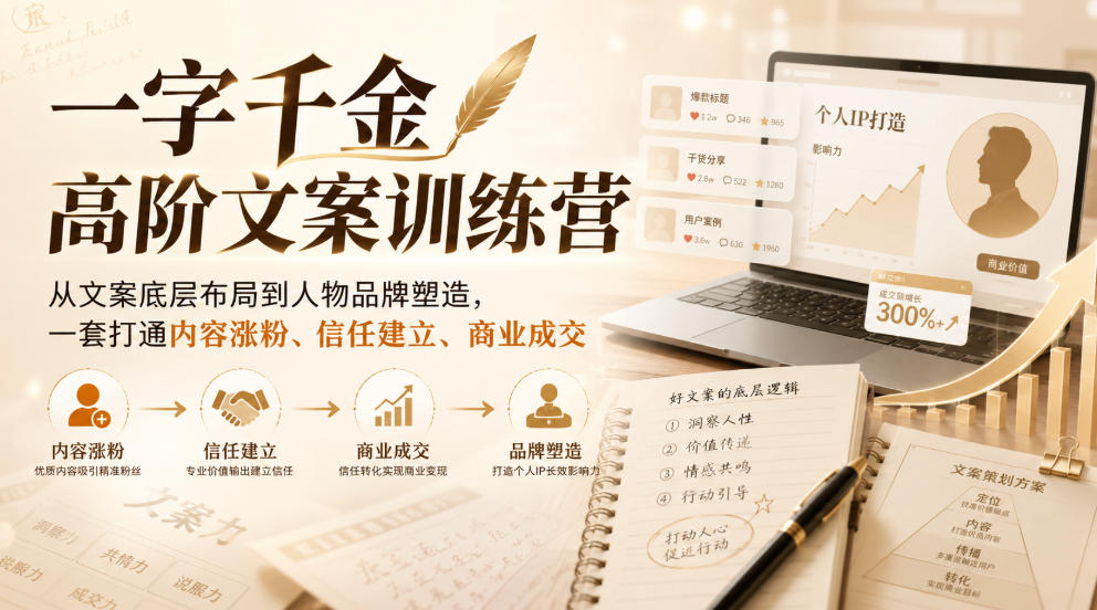 一字千金高阶文案训练营,从文案底层布局到人物品牌塑造,一套打通内容涨粉、信任建立、商业成交-精品虚拟资源库