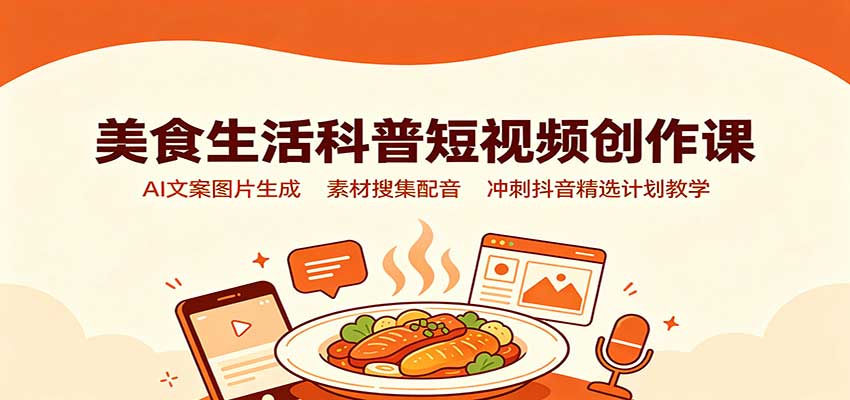 美食生活科普短视频创作课：AI文案图片生成，素材搜集配音，冲刺抖音精选计划教学-精品虚拟资源库