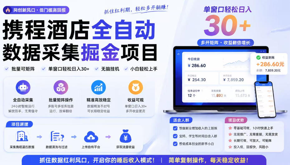 携程酒店采集挂G项目，批量可矩阵，单机轻松日入300+，开启你的睡后收入模式!【揭秘】-精品虚拟资源库