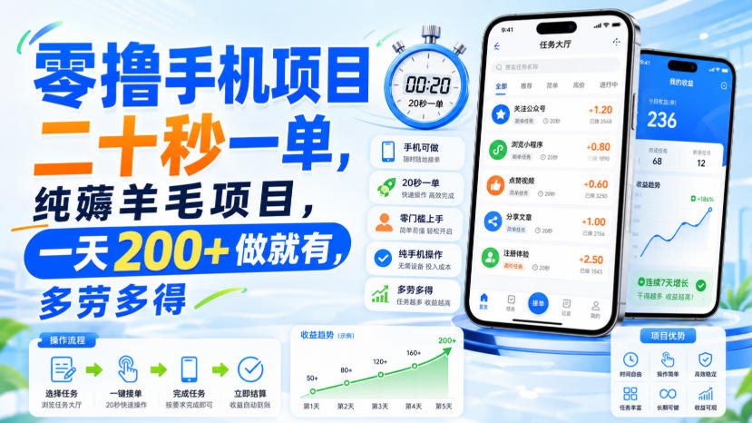 零撸手机项目，二十秒一单，纯薅羊毛项目，一天200+做就有，多劳多得【揭秘】-精品虚拟资源库