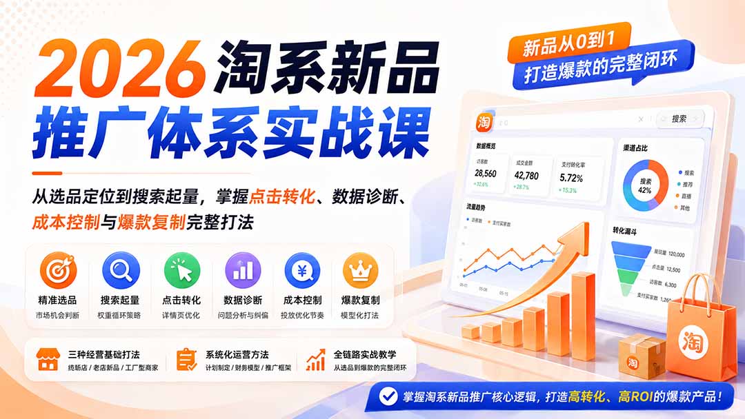 2026淘系新品推广体系实战课：从选品定位到搜索起量，掌握点击转化、数据诊断、成本控制与爆款复制完整打法-精品虚拟资源库