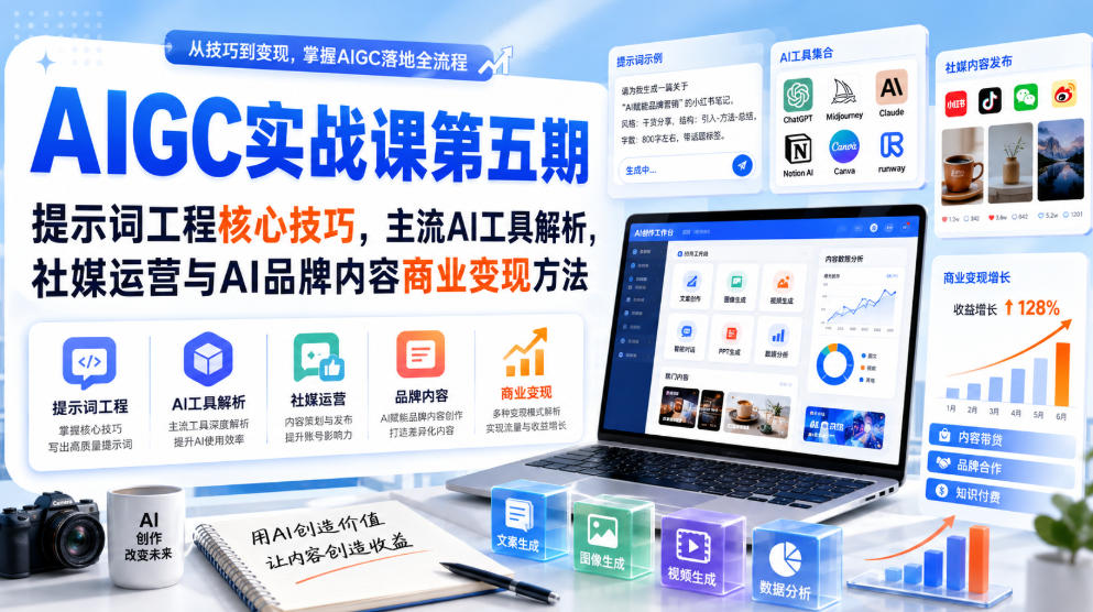 刺猬星球·AIGC实战课第五期，提示词工程核心技巧，主流AI工具解析，社媒运营与AI品牌内容商业变现方法-精品虚拟资源库