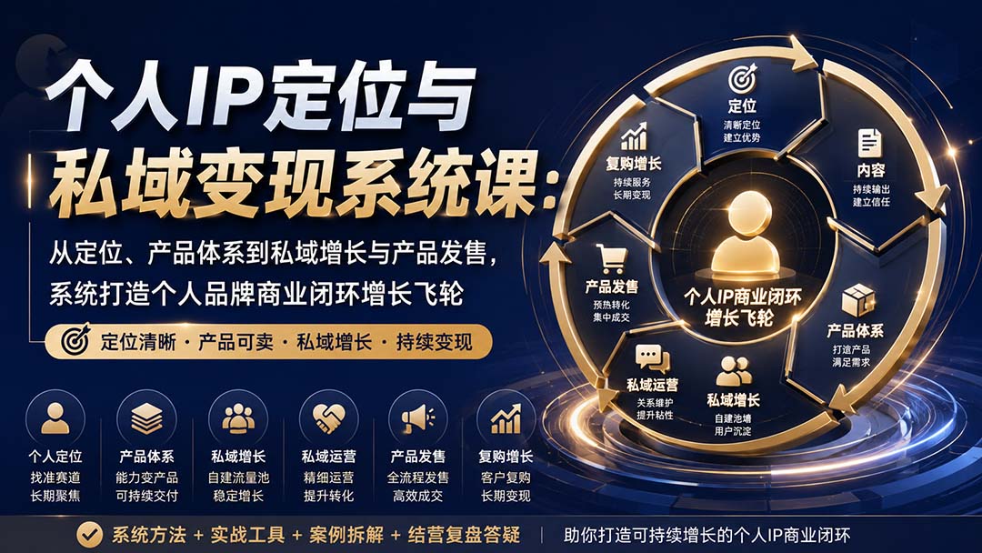 个人IP定位与私域变现系统课：从定位、产品体系到私域增长与产品发售，系统打造个人品牌商业闭环增长飞轮-精品虚拟资源库