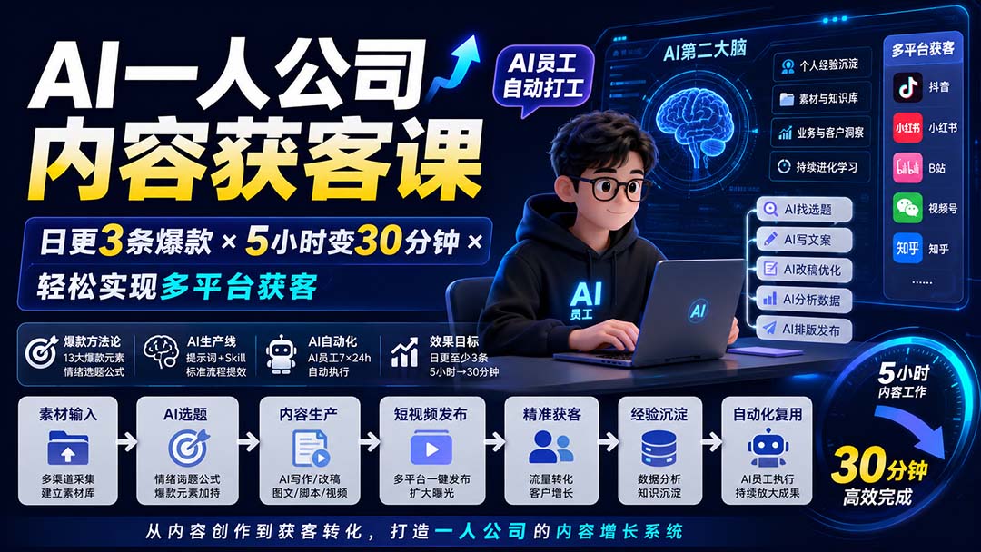 AI一人公司内容获客课-更新8月:日更3条爆款×5小时变30分钟×AI员工自动打工,轻松实现多平台获客-精品虚拟资源库