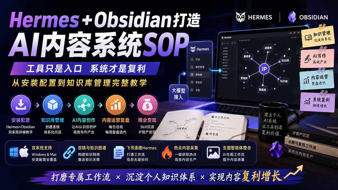 Hermes+Obsidian打造AI内容系统SOP；工具只是入口系统才是复利，从安装配置到知识库管理完整教学-精品虚拟资源库