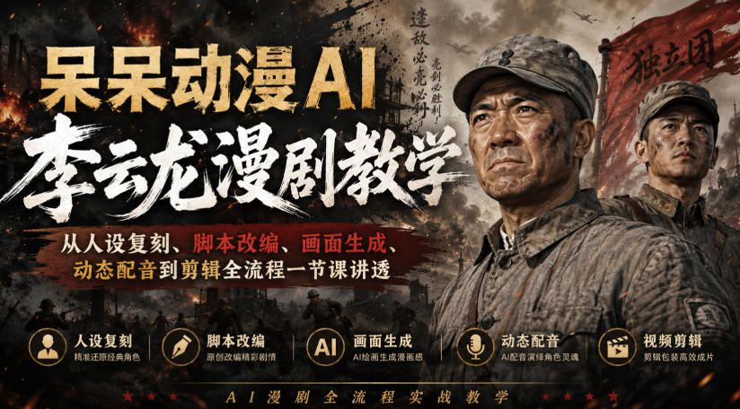 呆呆动漫AI李云龙漫剧教学，从人设复刻、脚本改编、画面生成、动态配音到剪辑全流程一节课讲透-精品虚拟资源库