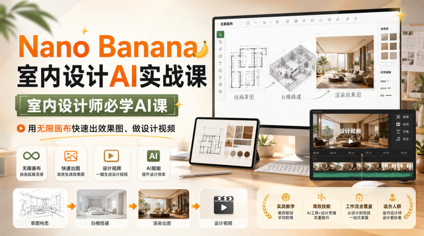 Nano Banana室内设计AI实战课，室内设计师必学AI课，用无限画布快速出效果图、做设计视频-精品虚拟资源库