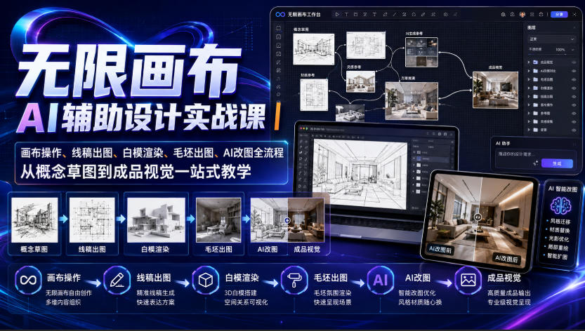 无限画布AI辅助设计实战课｜画布操作、线稿出图、白模渲染、毛坯出图、AI改图全流程，从概念草图到成品视觉一站式教学-精品虚拟资源库