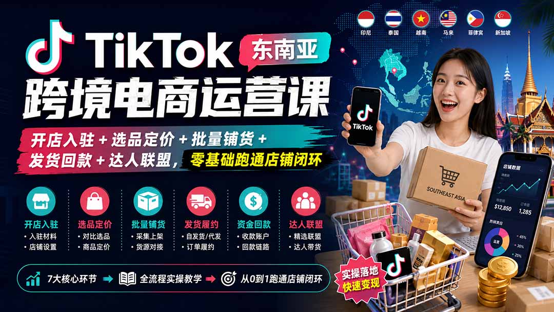 TikTok东南亚跨境电商运营课：开店入驻+选品定价+批量铺货+发货回款+达人联盟，零基础跑通店铺闭环-精品虚拟资源库