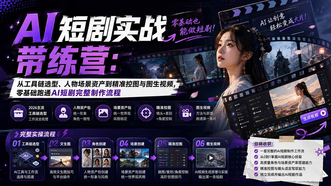 AI短剧实战训练营：从工具链选型、人物场景资产到精准控图与图生视频，零基础跑通AI短剧完整制作流程-精品虚拟资源库