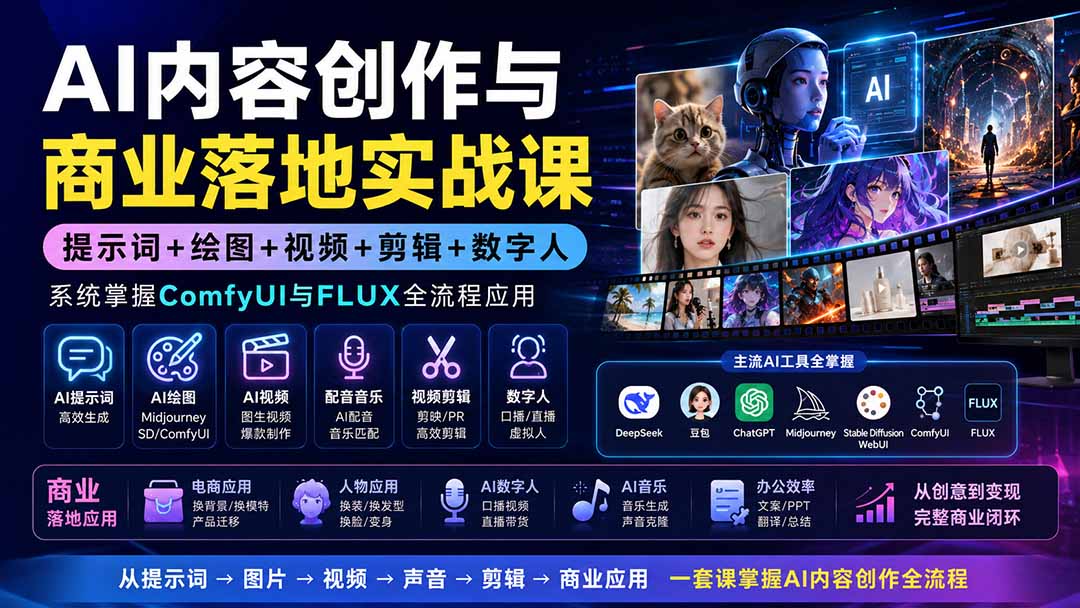 AI内容创作与商业落地实战课：提示词+绘图+视频+剪辑+数字人，系统掌握ComfyUI与FLUX全流程应用-精品虚拟资源库