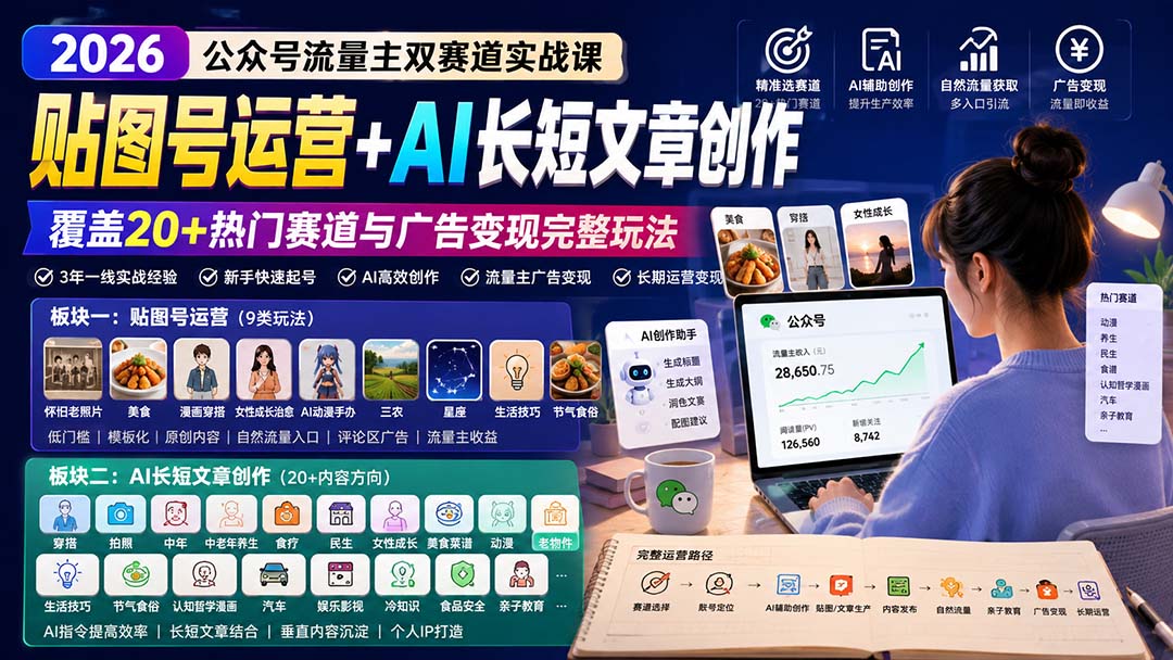 公众号流量主双赛道实战课：贴图号运营+AI长短文章创作，覆盖20+热门赛道与广告变现完整玩法-精品虚拟资源库