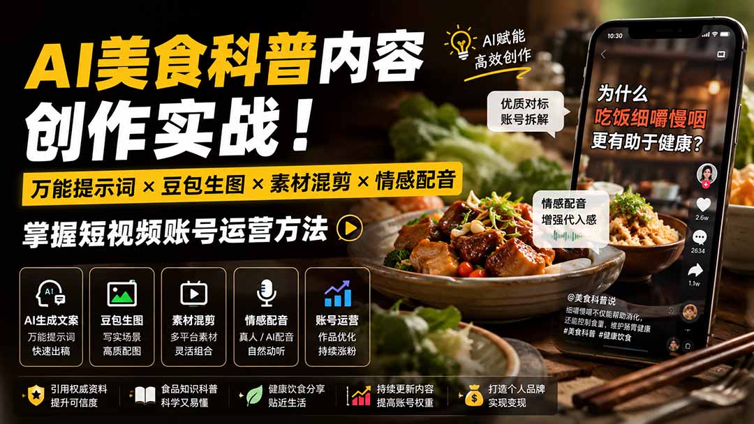 外面卖199元-AI美食科普内容创作实战！万能提示词×豆包生图×素材混剪×情感配音，掌握短视频账号运营方法-精品虚拟资源库