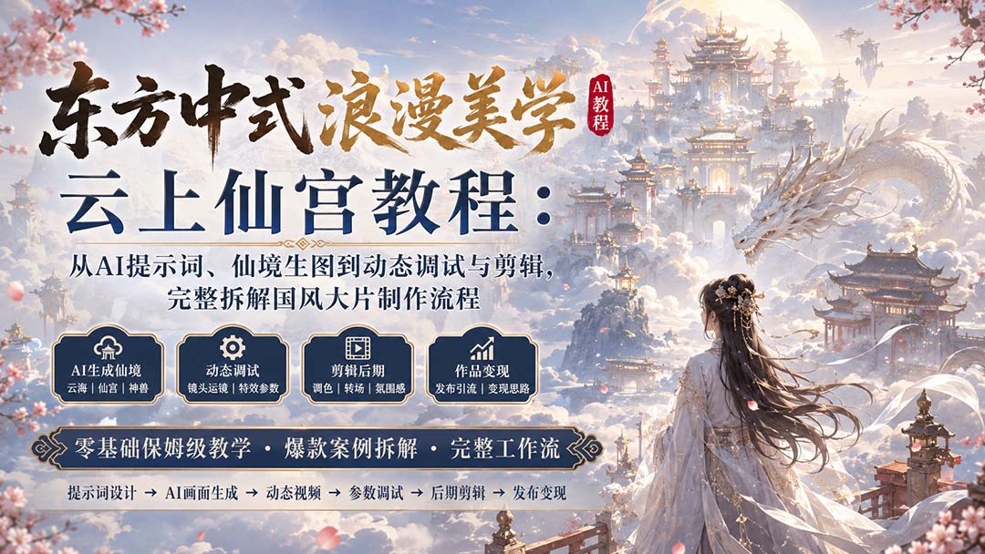 东方中式浪漫美学云上仙宫教程：从AI提示词、仙境生图到动态调试与剪辑，完整拆解国风大片制作流程-精品虚拟资源库