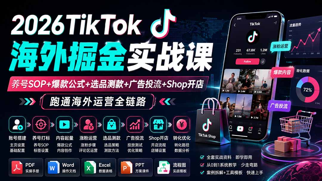 2026TikTok海外掘金实战课——养号SOP+爆款公式+选品测款+广告投流+Shop开店，跑通海外运营全链路-精品虚拟资源库