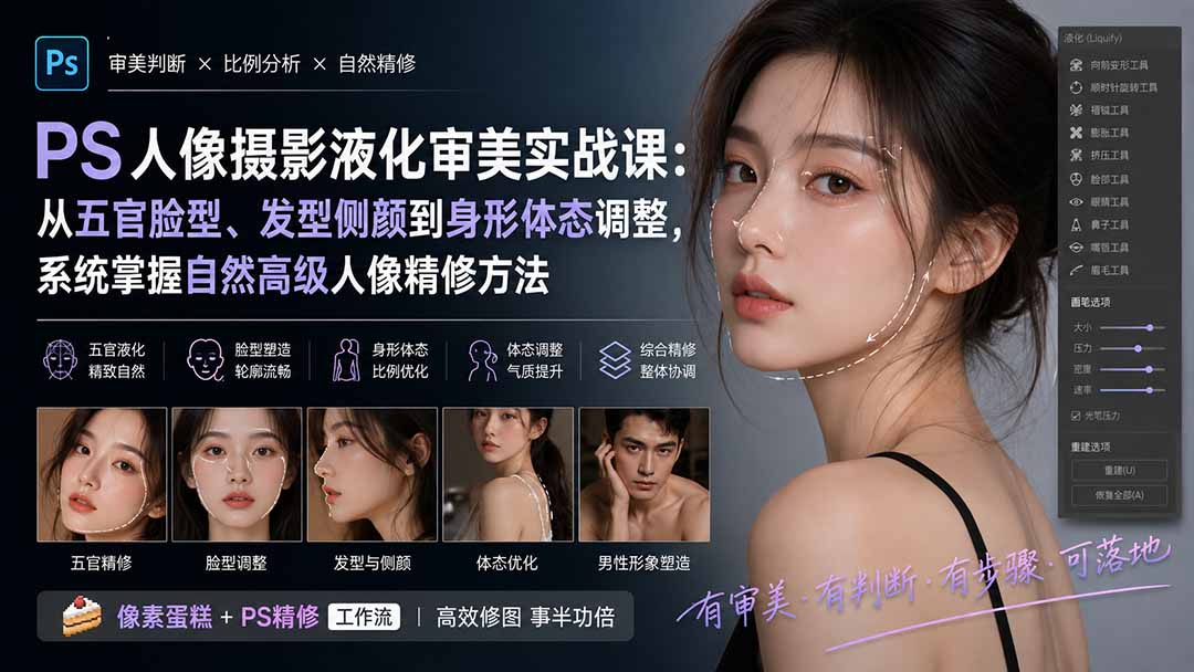 PS人像摄影液化审美实战课：从五官脸型、发型侧颜到身形体态调整，系统掌握自然高级人像精修方法-精品虚拟资源库
