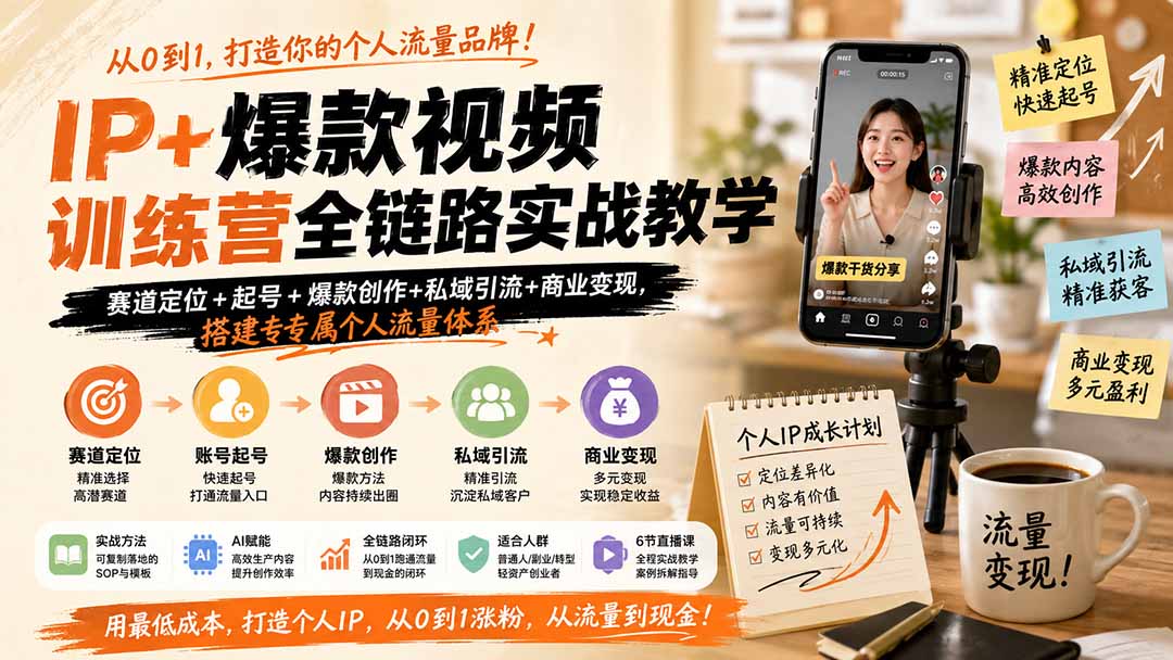 IP+爆款视频训练营全链路实战教学；赛道定位+起号+爆款创作+私域引流+商业变现，搭建专属个人流量体系-精品虚拟资源库