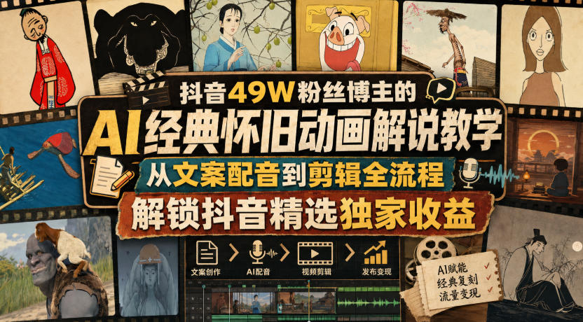 抖音49W粉丝博主的AI经典怀旧动画解说教学，从文案配音到剪辑全流程，解锁抖音精选独家收益-精品虚拟资源库