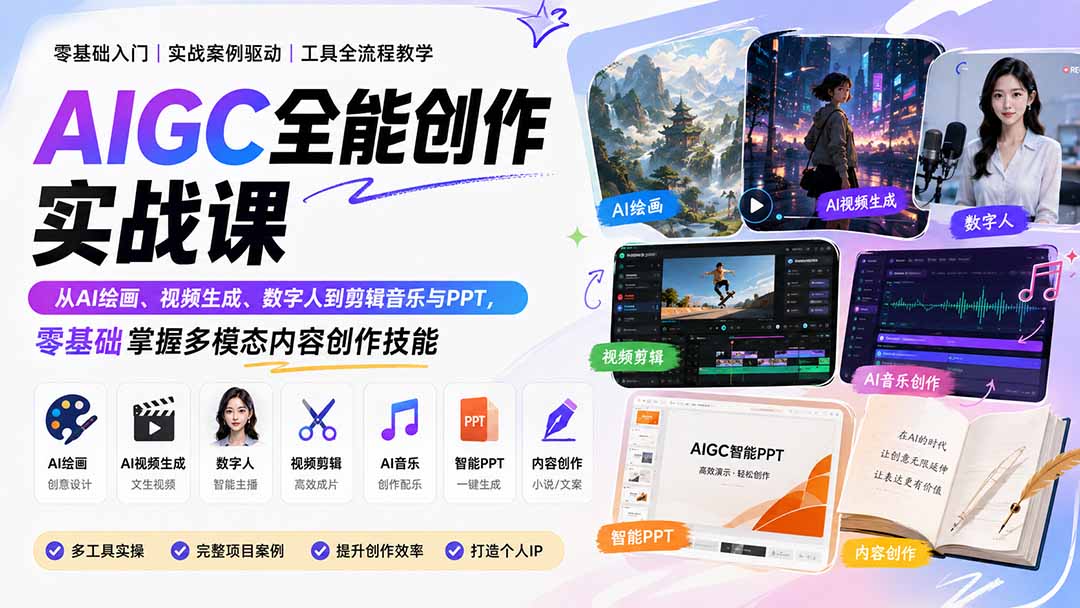 AIGC全能创作实战课：从AI绘画、视频生成、数字人到剪辑音乐与PPT，零基础掌握多模态内容创作技能-精品虚拟资源库