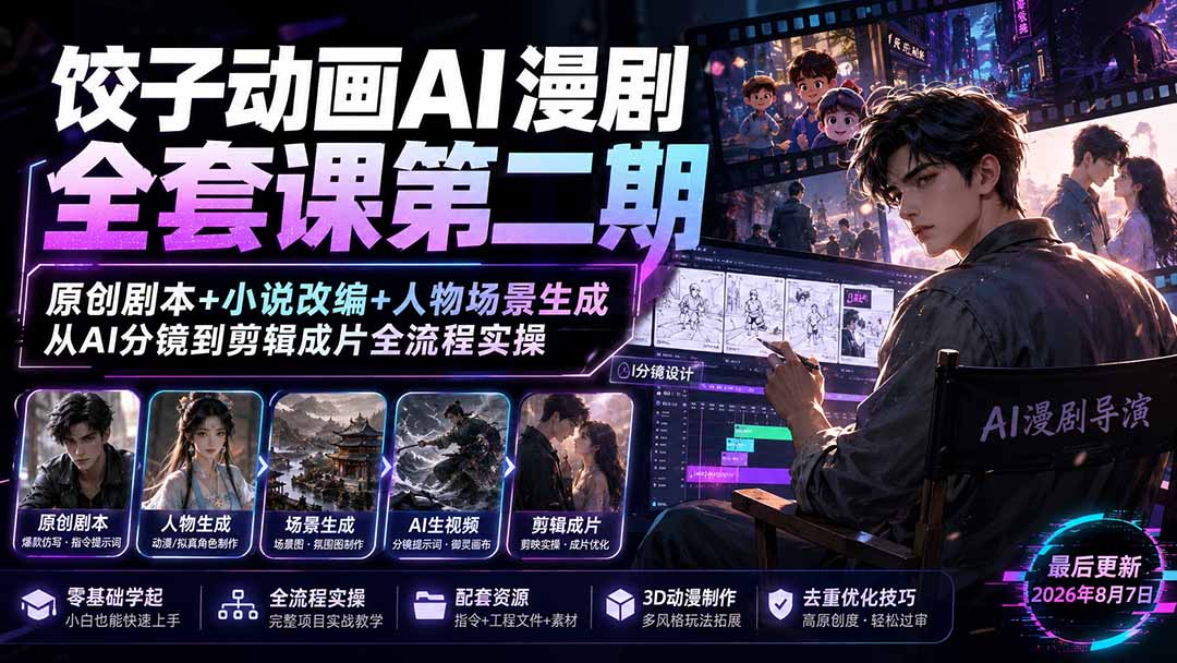 饺子动画AI漫剧全套课第二期：原创剧本+小说改编+人物场景生成，从AI分镜到剪辑成片全流程实操-精品虚拟资源库