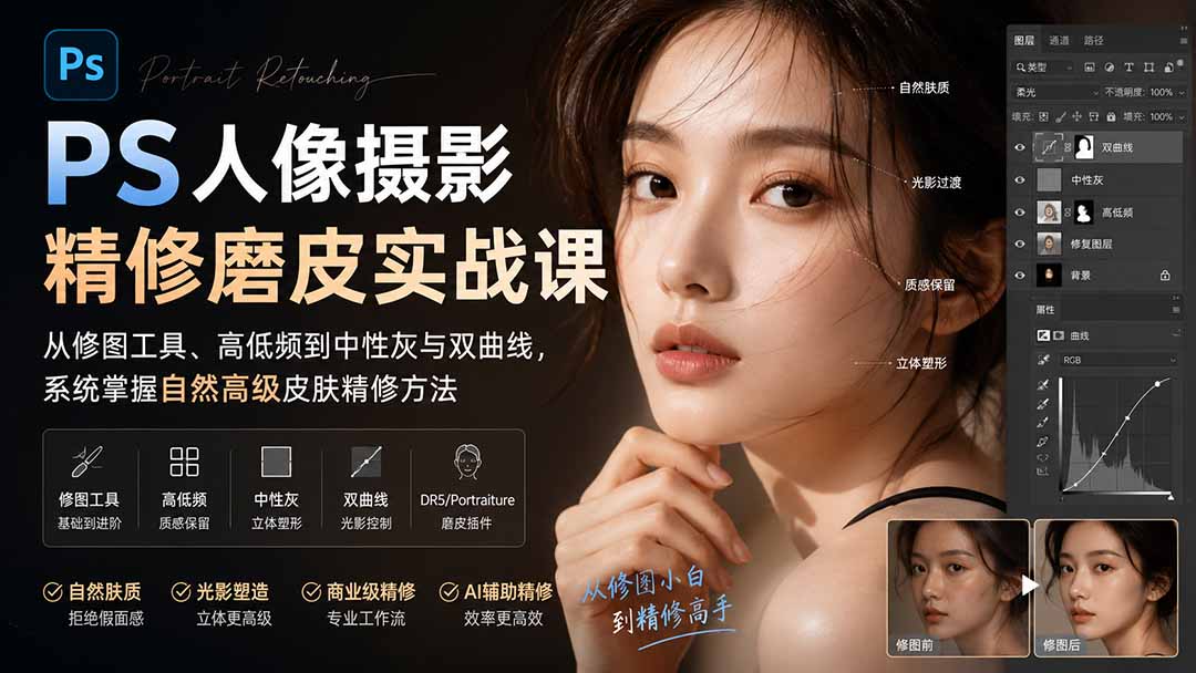 PS人像摄影精修磨皮实战课：从修图工具、高低频到中性灰与双曲线，系统掌握自然高级皮肤精修方法-精品虚拟资源库