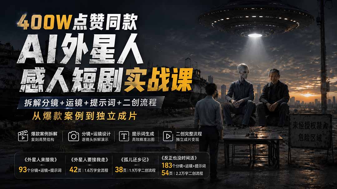 400W点赞同款AI外星人感人短剧实战课：拆解分镜+运镜+提示词+二创流程，从爆款案例到独立成片-精品虚拟资源库