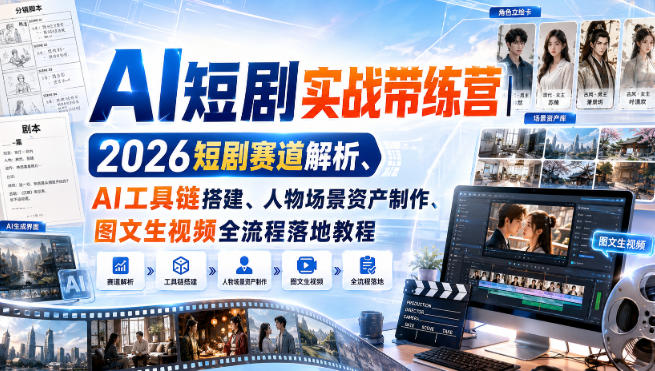 AI短剧实战带练营｜2026短剧赛道解析、AI工具链搭建、人物场景资产制作、图文生视频全流程落地教程-精品虚拟资源库