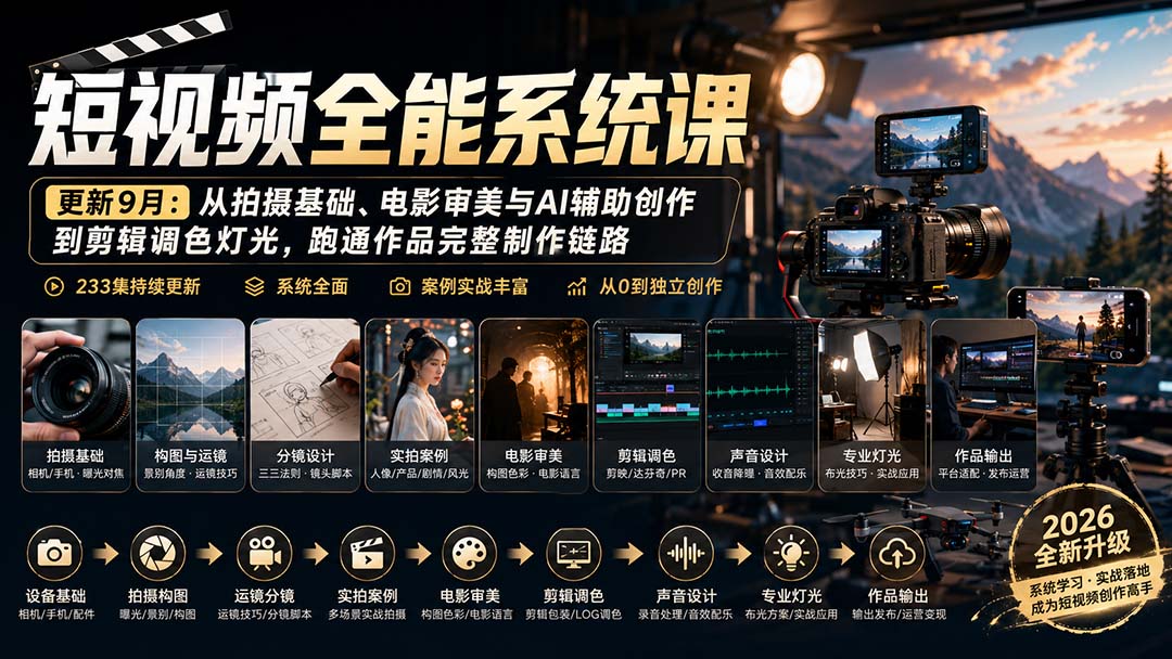 短视频全能系统课-更新8月233集:从拍摄基础、电影审美与AI辅助创作到剪辑调色灯光,跑通作品完整制作链路-精品虚拟资源库