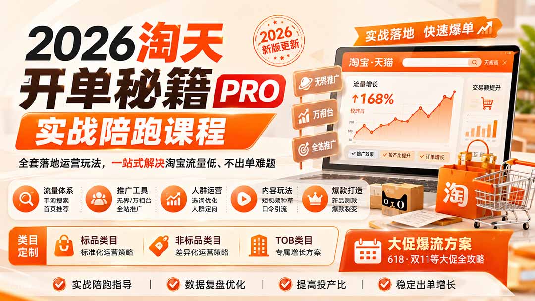 2026淘天开单秘籍PRO实战陪跑课程：全套落地运营玩法，一站式解决淘宝流量低、不出单难题(更新260823-精品虚拟资源库