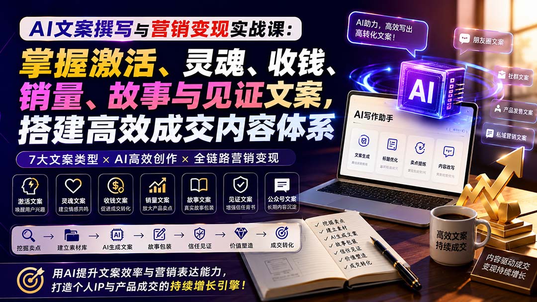 AI文案撰写与营销变现实战课:掌握激活、灵魂、收钱、销量、故事与见证文案,搭建高效成交内容体系-精品虚拟资源库